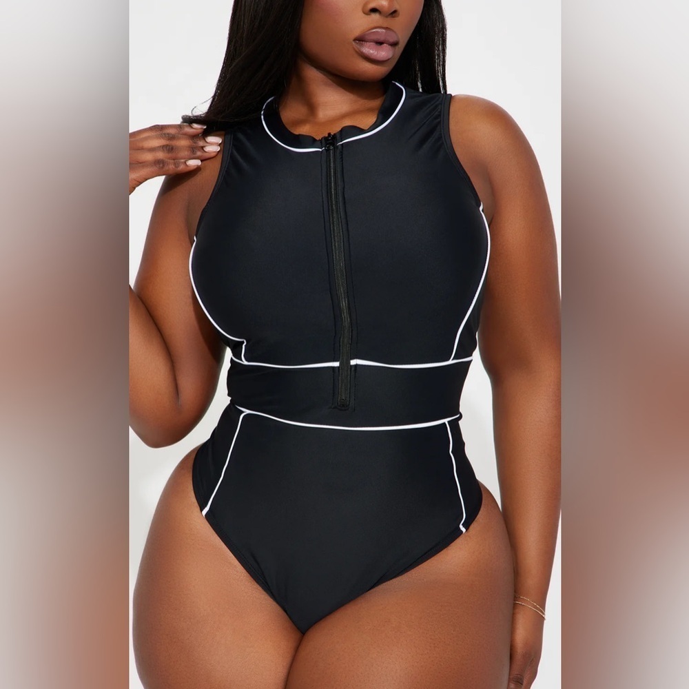 Fashion Nova Evelyn II Zip Up 1 Piece Swimsuit - Black/White 3X